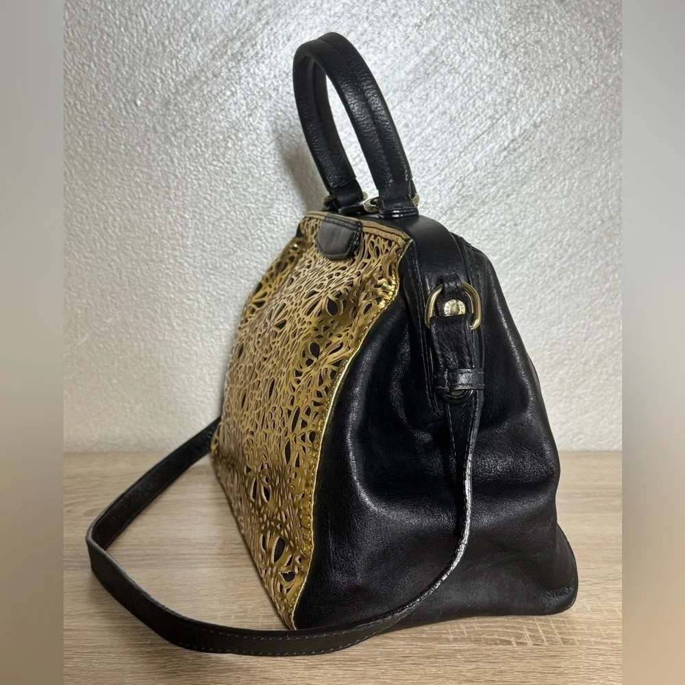Arezzo Women Black Gold Leather Cut Out Satchel Hand Shoulder Bag